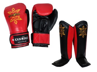 「Kanong」本革 ボクシンググローブ + レッグガード （レガース） : 赤/黒
